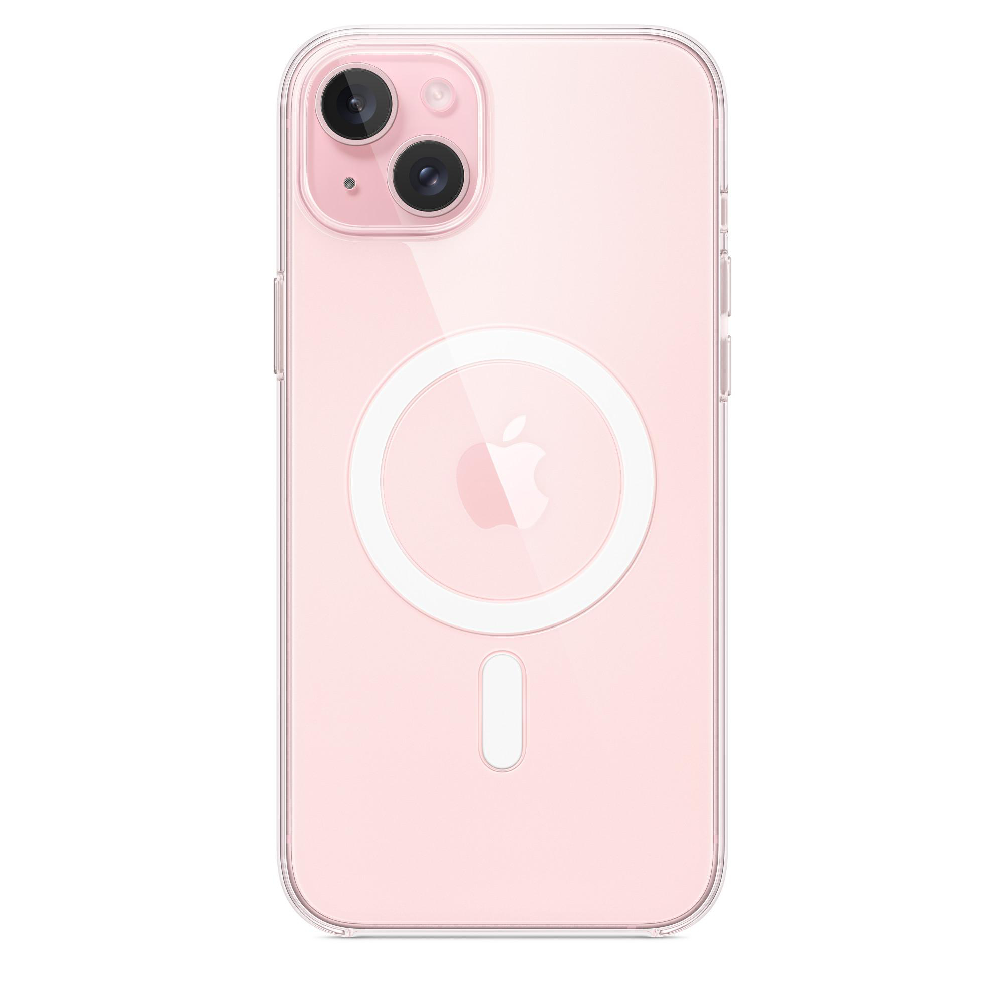 Rosa Handyhülle mit weißem, kreisförmigen MagSafe-Ladegerät und weißem Apple-Logo.