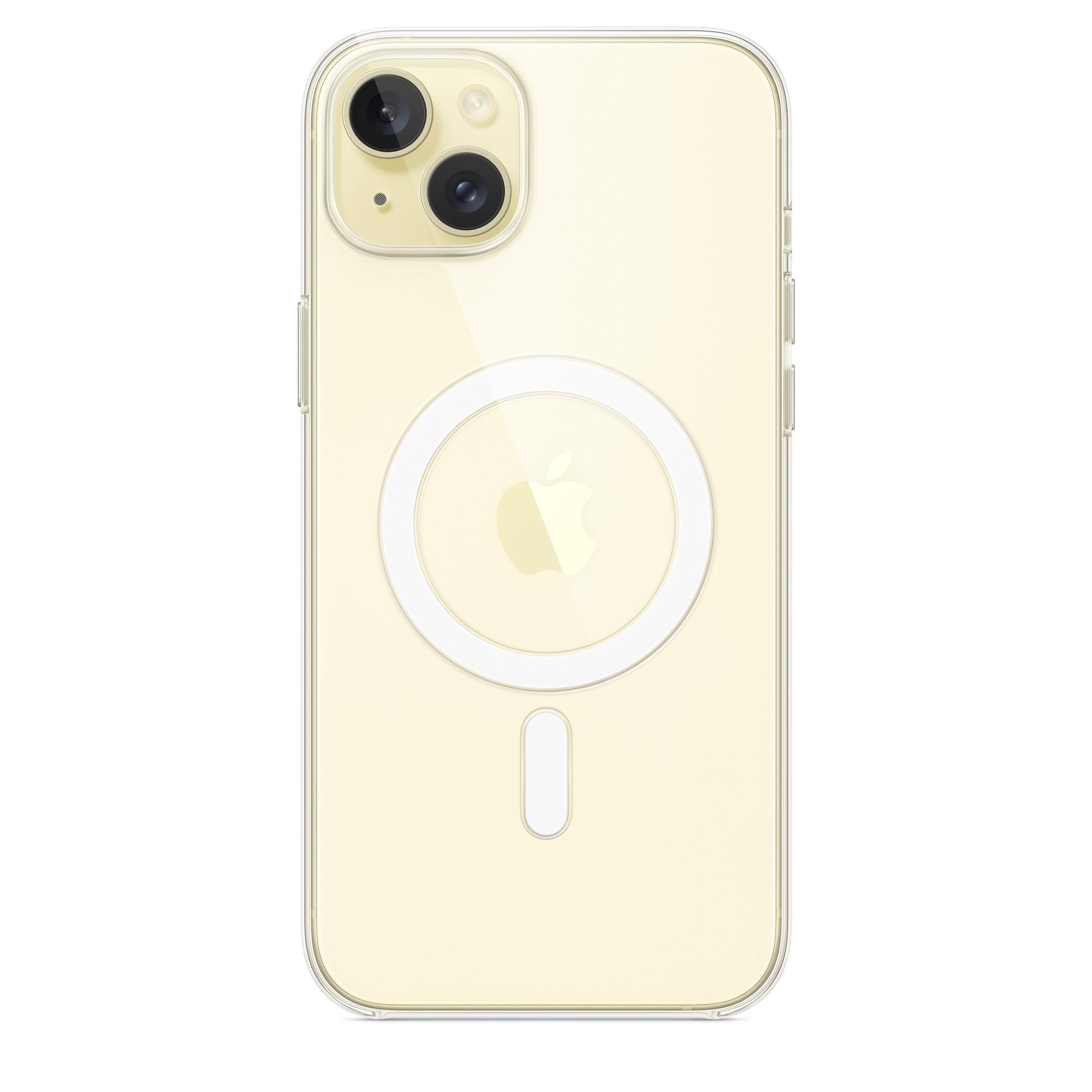 iPhone-Hülle. Transparent, mit weißem MagSafe-Kreis und zwei Kameras.