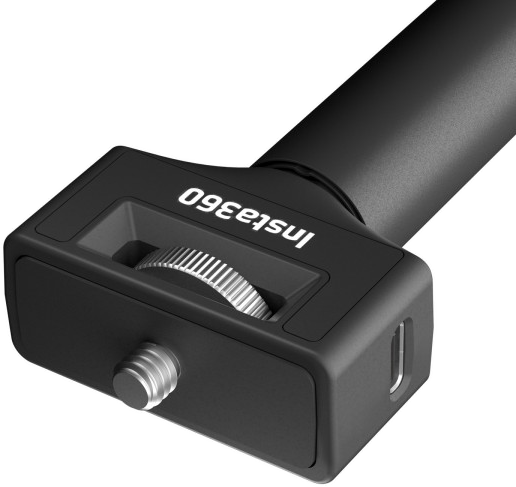 Fekete Insta360 kiegészítő csavarral és kerékszerű vezérlővel.