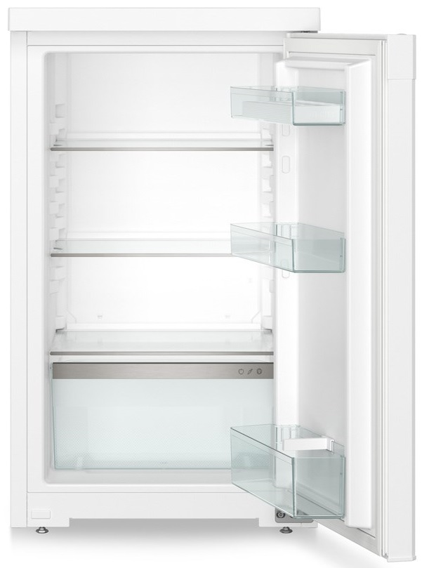 Otwarty biały wnętrze lodówki z półkami, szufladami i drzwiami.