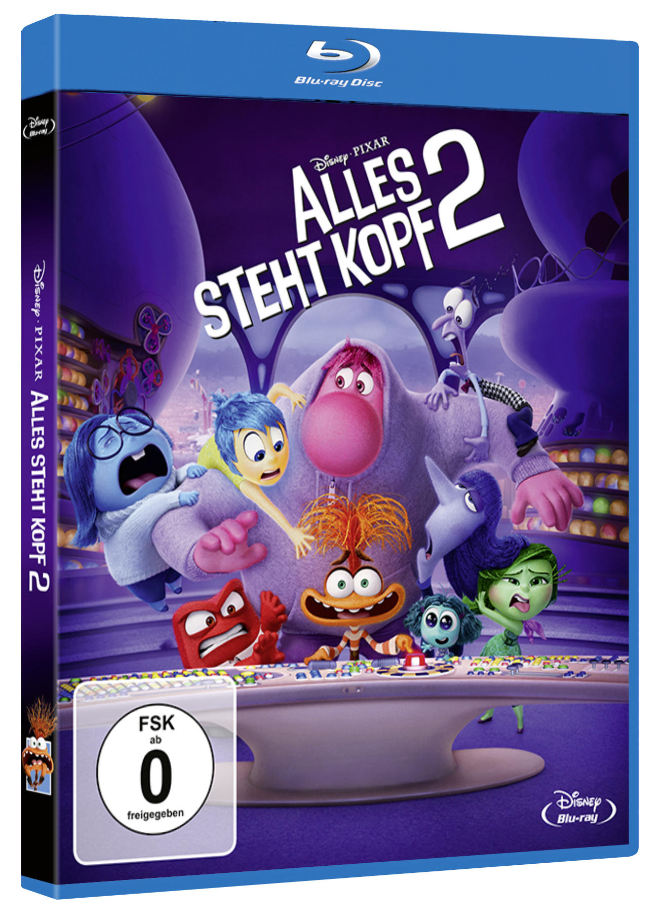 Eine Blu-ray-Filmhülle von 'Alles steht Kopf 2' mit verschiedenen animierten Charakteren.