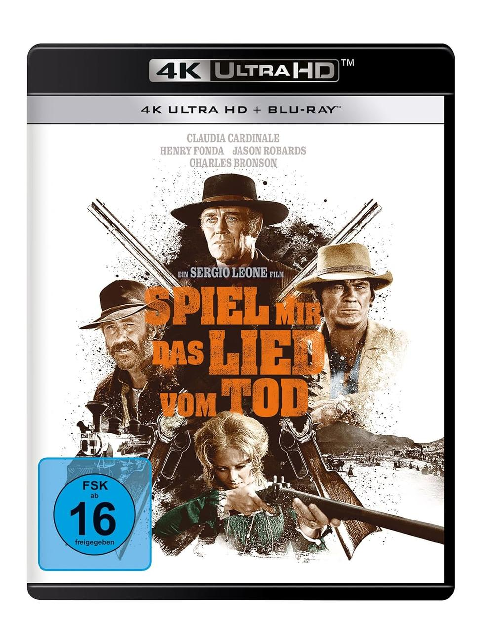 Filmcover. Schauspieler auf dem Cover. Der Titel lautet 'Spiel mir das Lied vom Tod'. Es gibt ein 4K Ultra HD Logo.