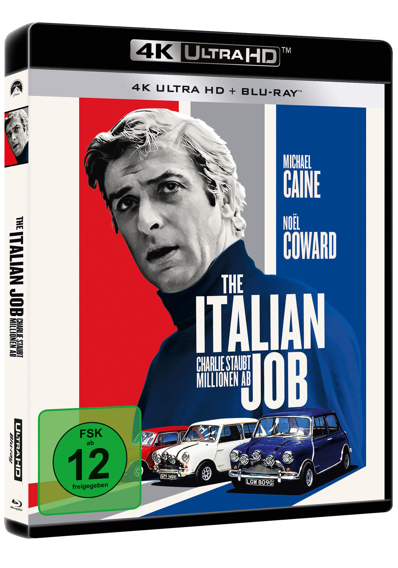 Filmcover mit dem Gesicht eines Mannes und dem Titel "The Italian Job" und Mini Coopers.