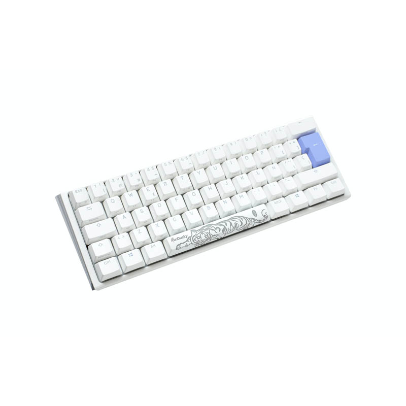 Teclado mecánico blanco con teclas blancas, una tecla de escape azul y diseño de tigre.