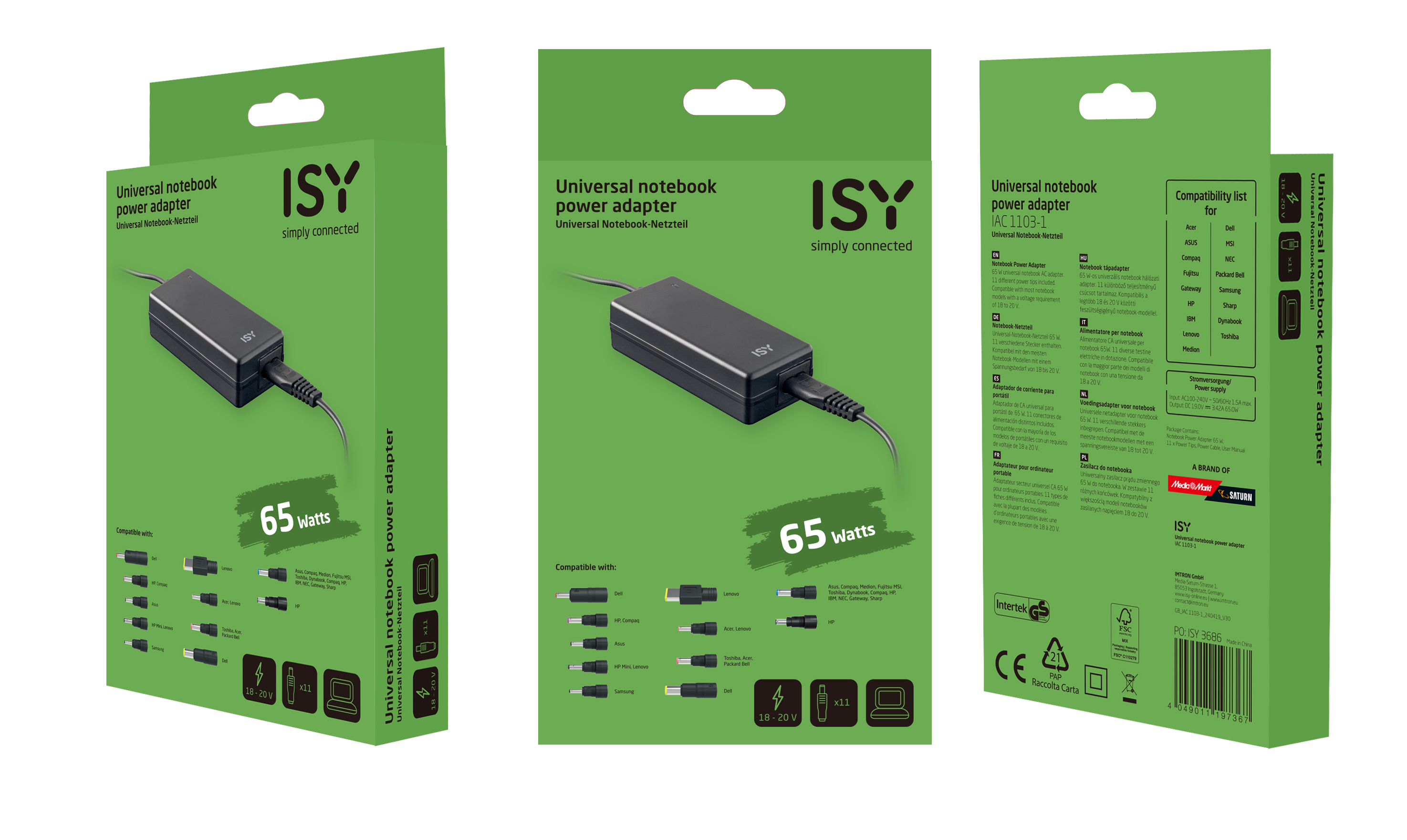 Caja verde con adaptador de corriente para portátil. Muestra adaptador, tipos de conectores e información de compatibilidad.