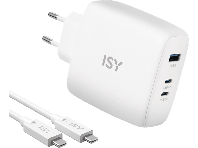 Cargador para portátil - ISY IAC-5100-1, Universal, 100W, Cable 2m, USB-A USB-C, 3 Puertos, Blanco