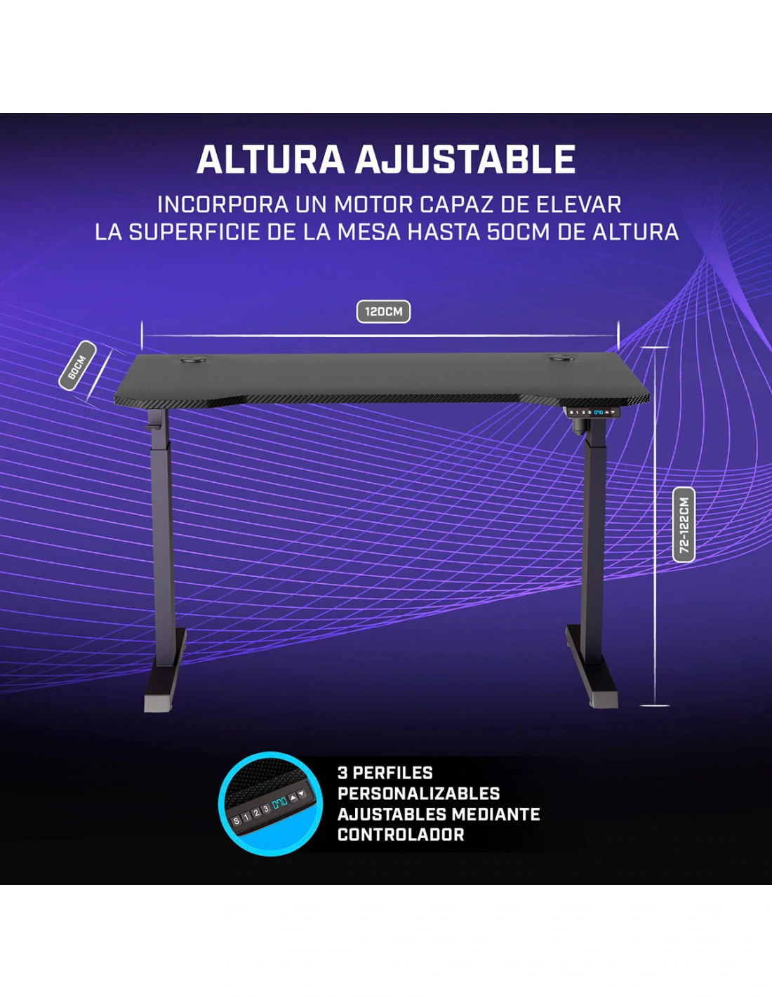 Escritorio negro de altura ajustable, detalles y dimensiones.