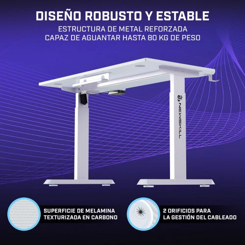 Escritorio blanco, regulable en altura con fondo oscuro. Texto en español describe su diseño robusto y estable.