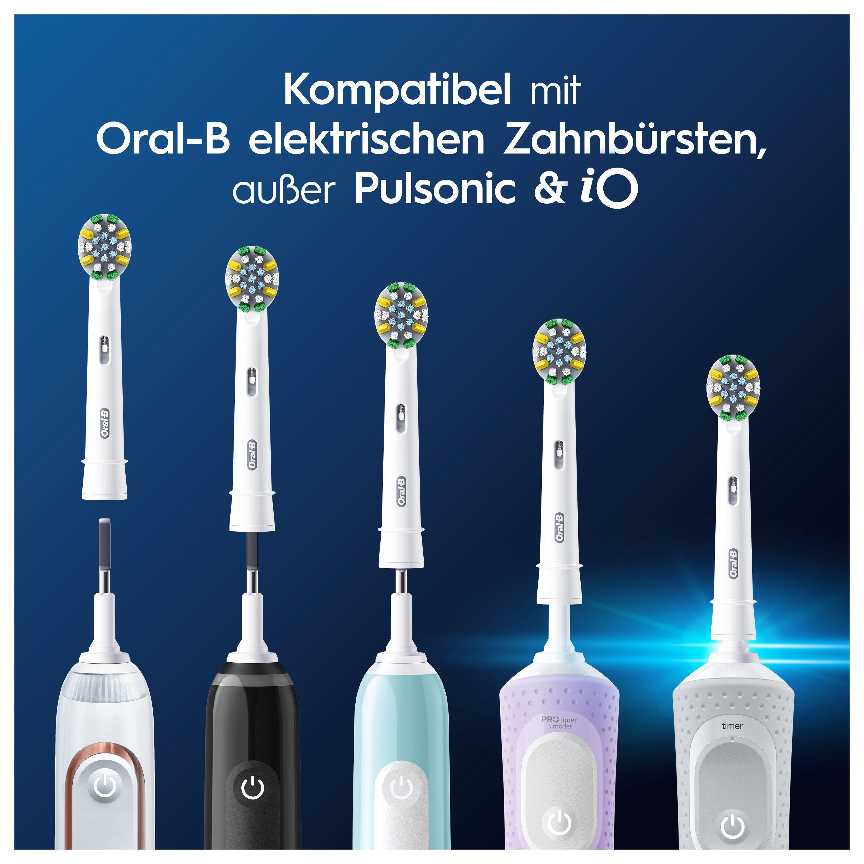Mehrere elektrische Zahnbürstenköpfe und -griffe auf blauem Hintergrund.