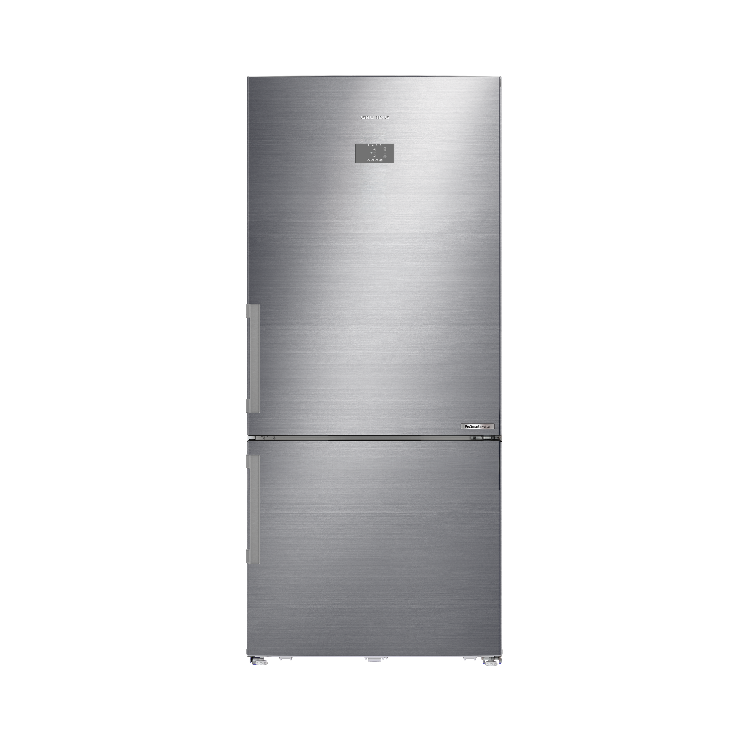 Grundig buzdolabı. Gümüş, iki kapılı. Üst kısımda ekran var. Siyah arka plan.