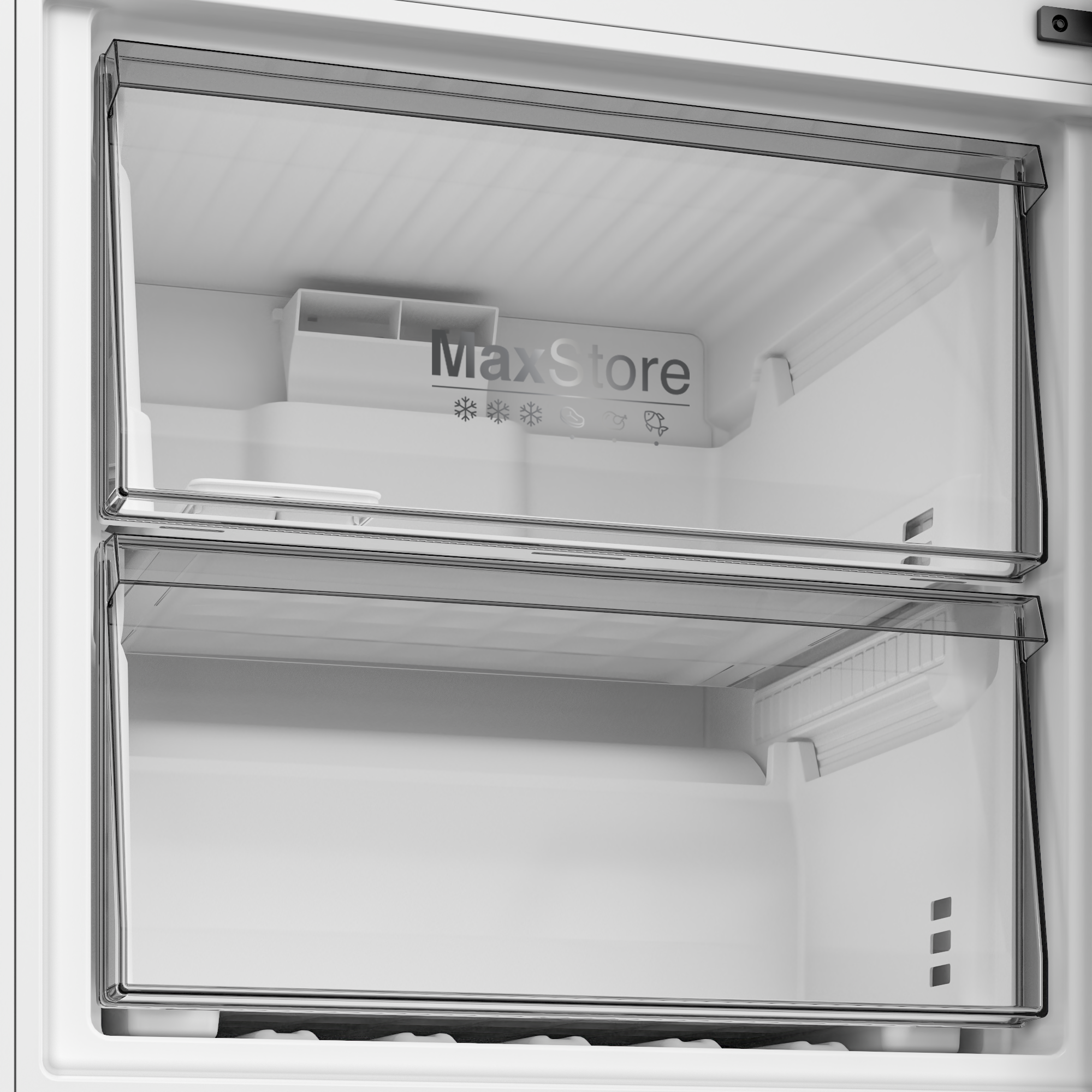 İki şeffaf çekmeceli buzdolabı içi. MaxStore etiketi görünür.