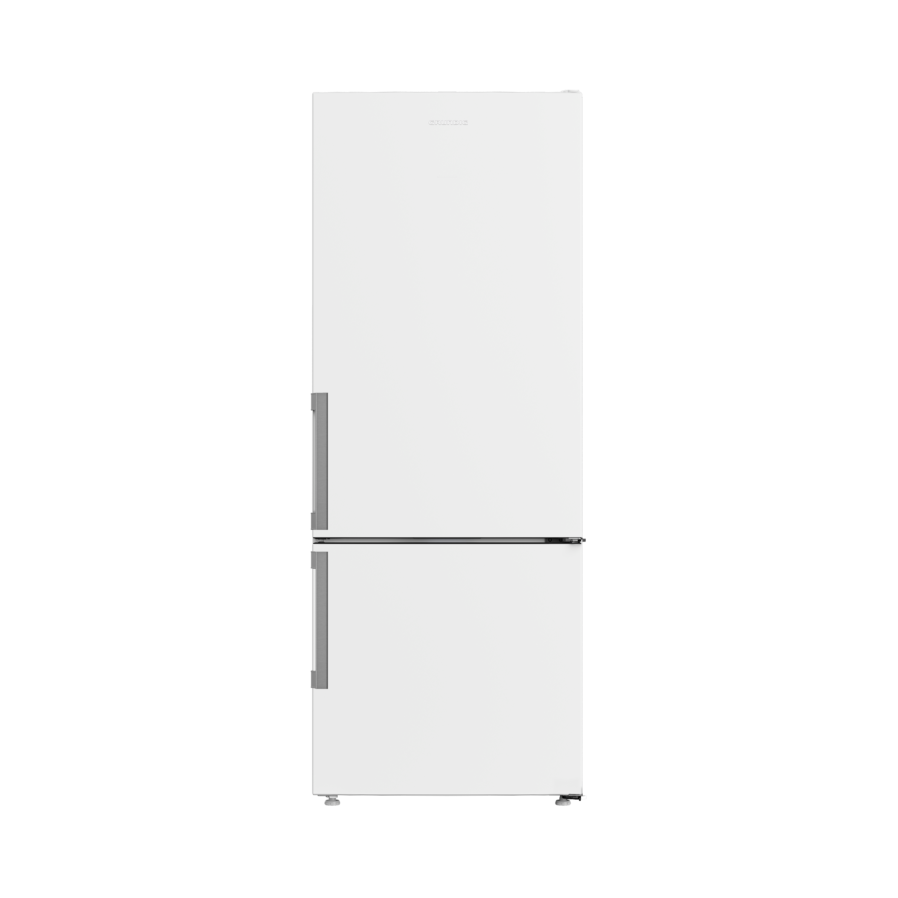 Beyaz buzdolabı, iki kapılı, üst kapı daha küçük, siyah arka plan.