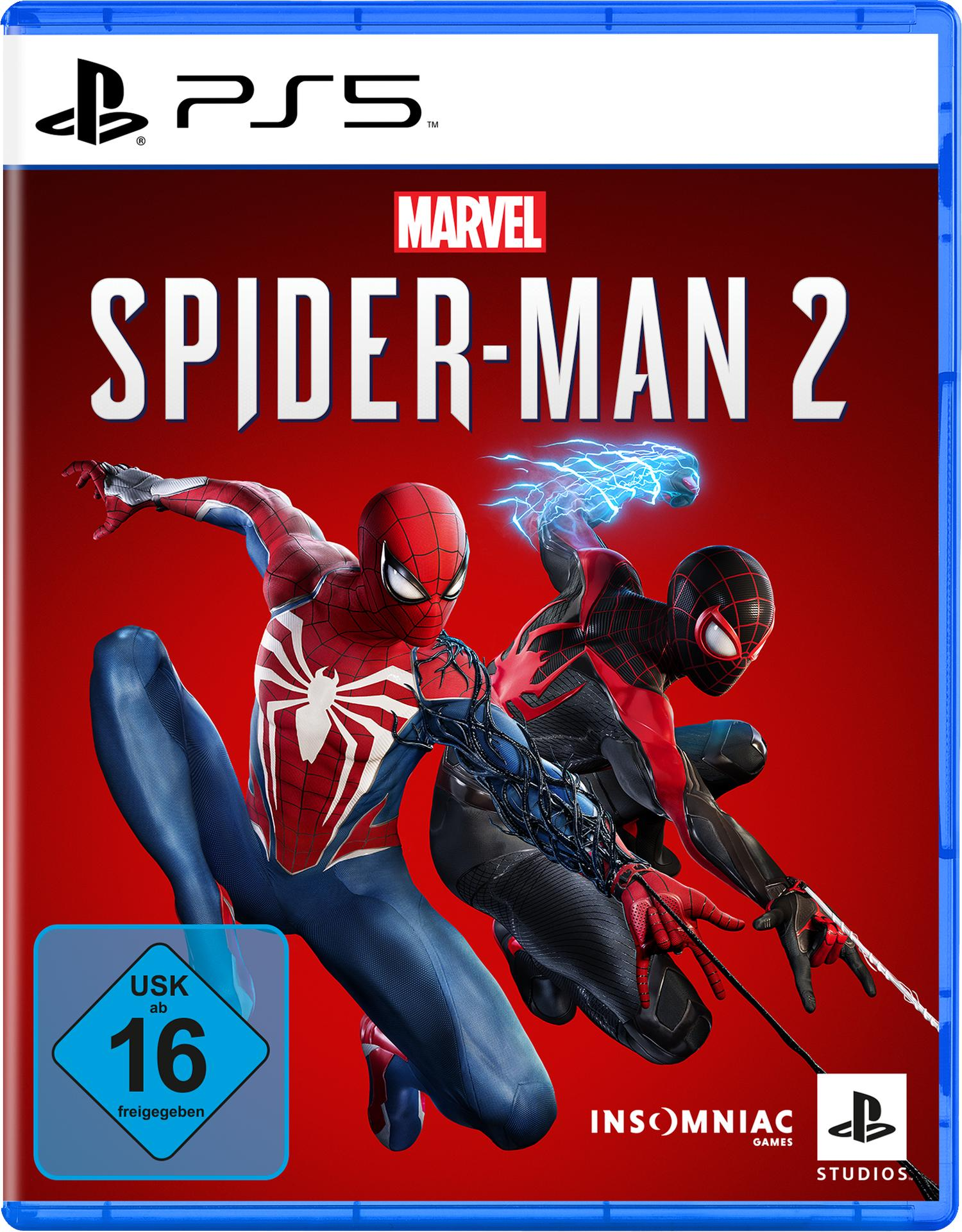 Spider-Man 2 PS5-Spielcover. Zeigt Spider-Man und Miles Morales in Aktion. Rote und blaue Farbe.