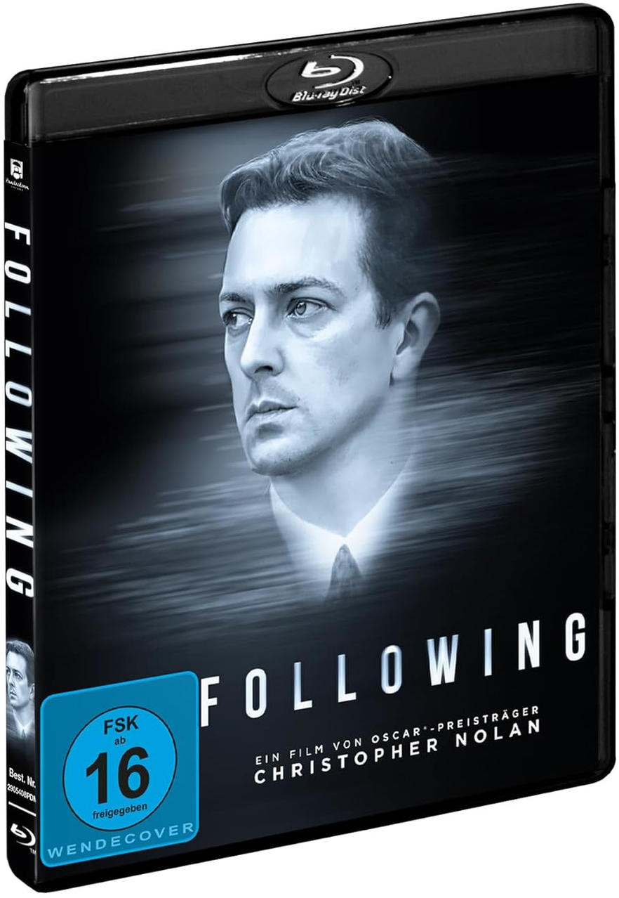Eine Filmhülle für Following, mit einem Mann, der in die Kamera schaut.