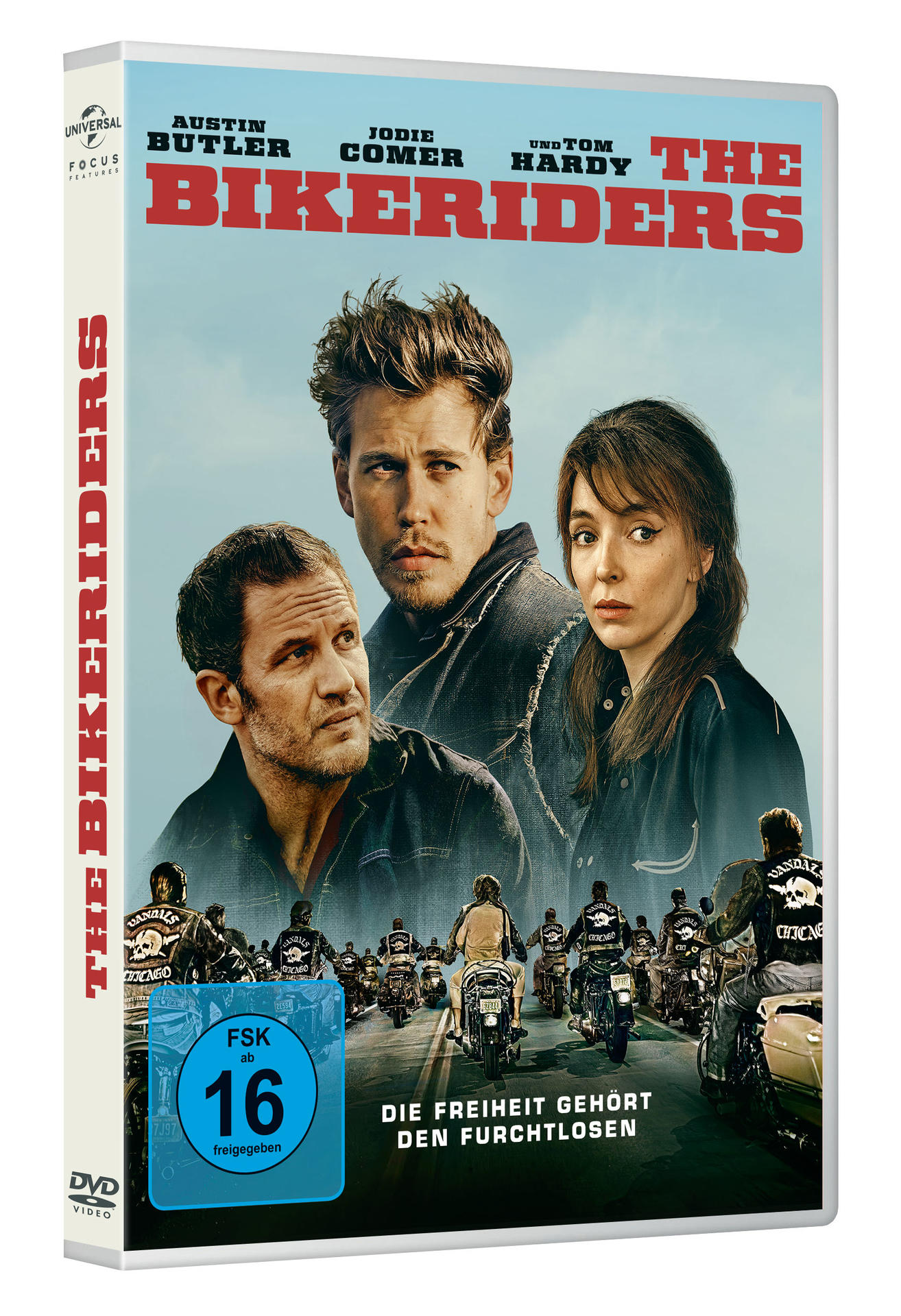 DVD-Cover für 'The Bikeriders' mit Fotos der Besetzung, Filmtitel und einer Motorradszene.