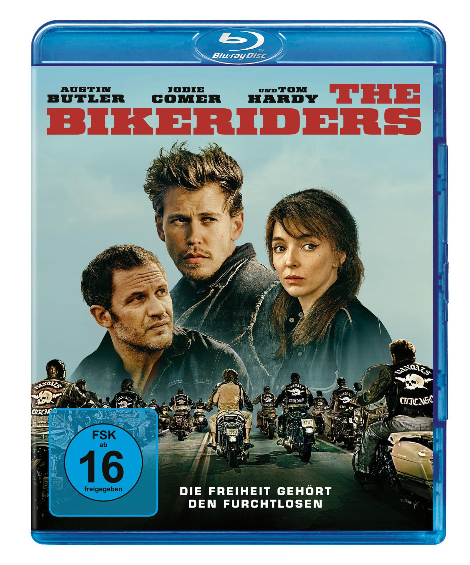 Das Blu-ray-Cover von The Bikeriders mit Schauspielern und Motorrädern.