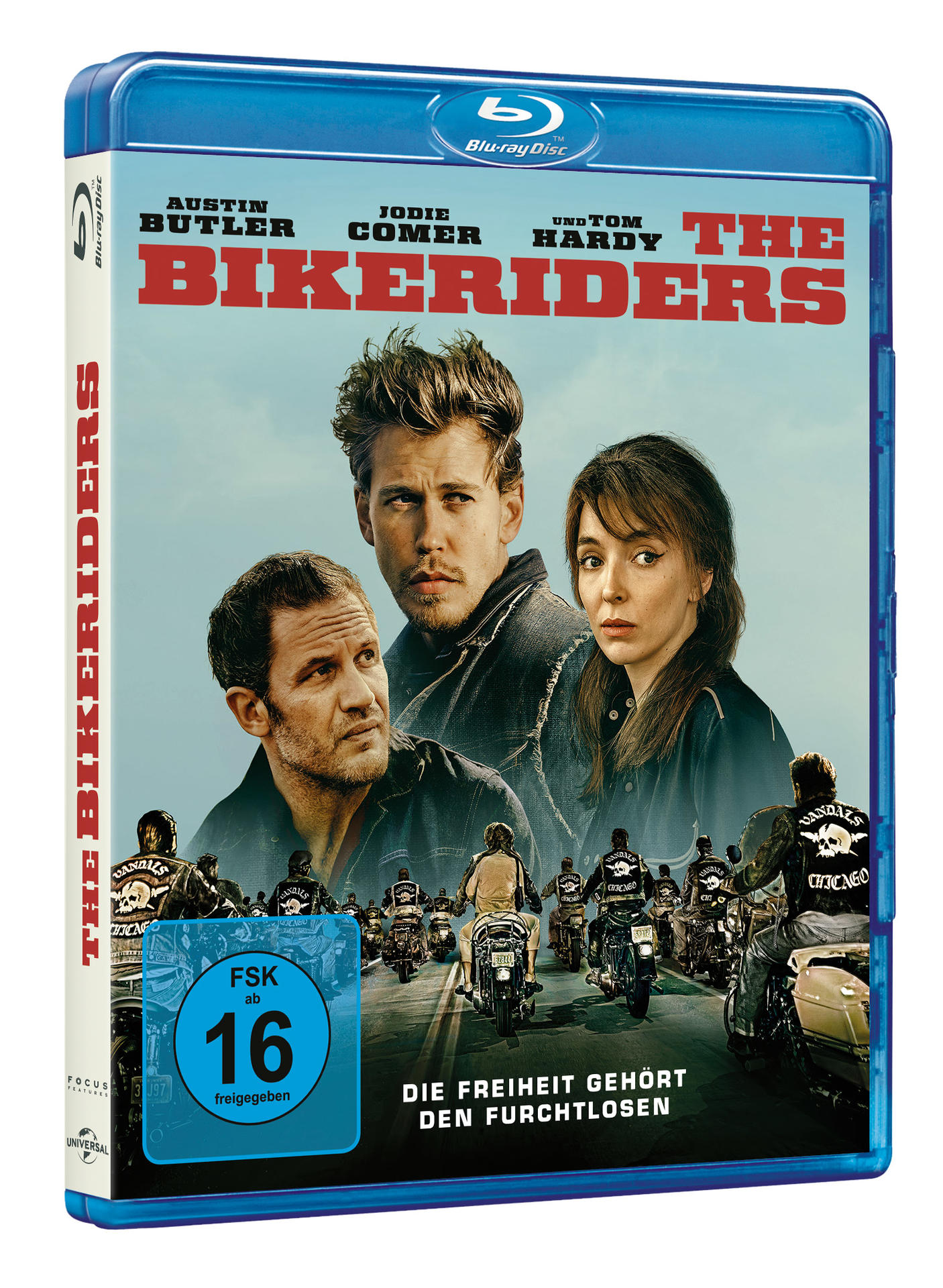 Filmcover für "The Bikeriders" mit Schauspielern und Motorrädern.
