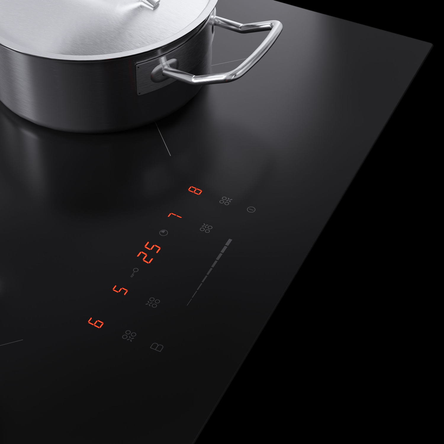 Black induction cooktop with digital display, and a silver pot.