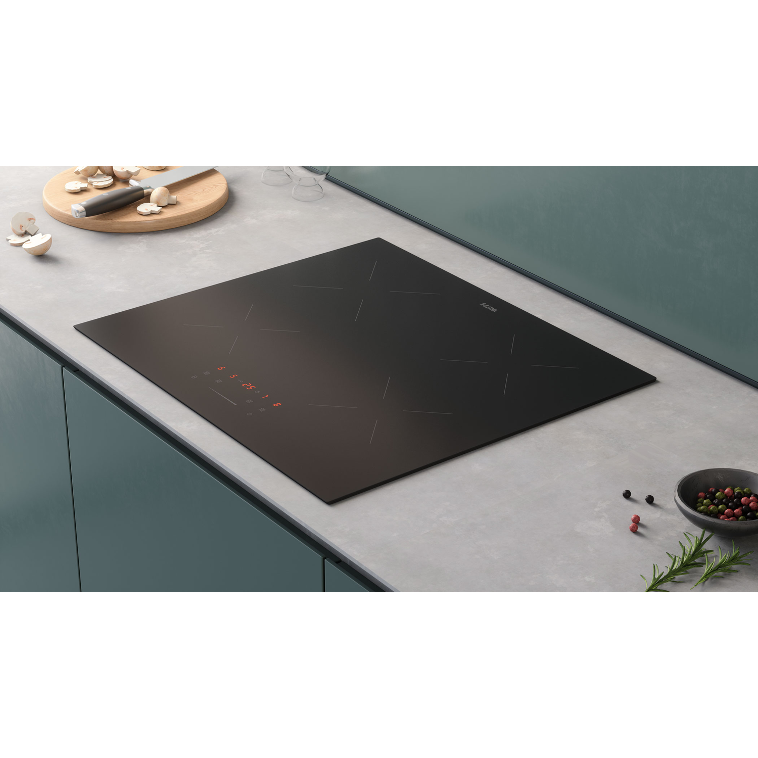 Black induction cooktop with touch controls and red display.