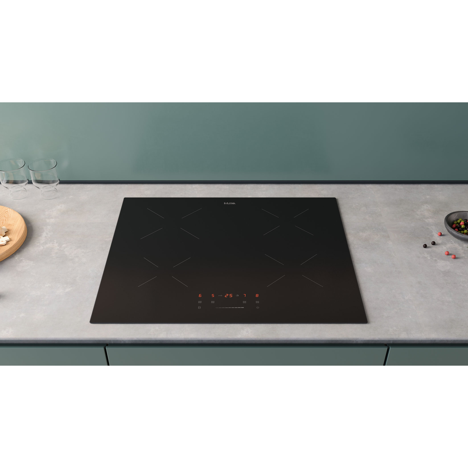 Black induction cooktop embedded in a grey countertop. Four burners are visible with red digital display.