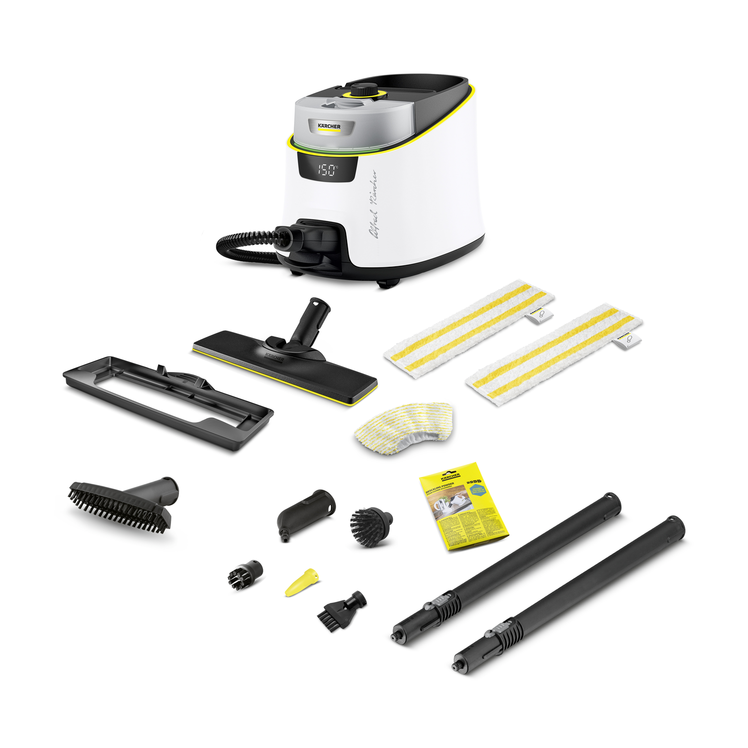 A white and yellow steam cleaner with accessories. Includes brushes, pads, and extension wands on a white background.