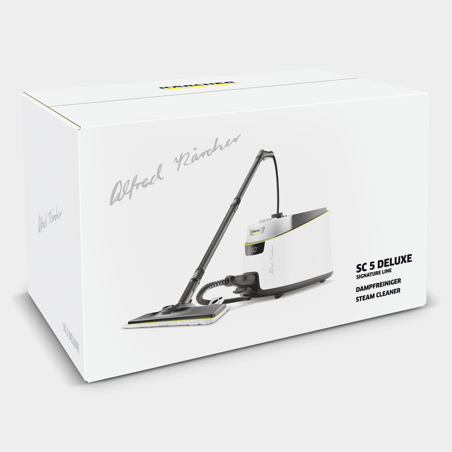 White box labeled 'SC 5 DELUXE STEAM CLEANER' with a steam cleaner and signature line details.