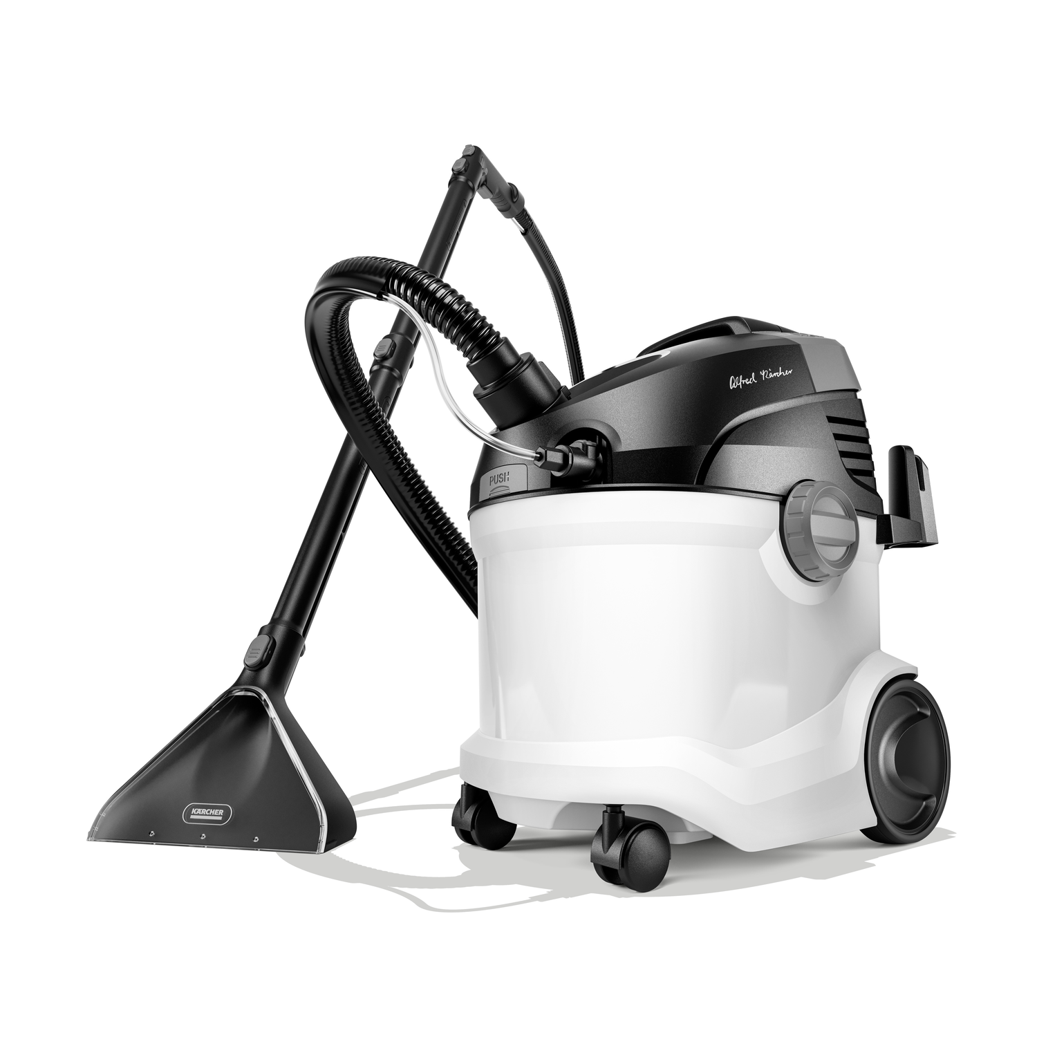 A white and black Karcher vacuum cleaner with a hose and cleaning attachment.