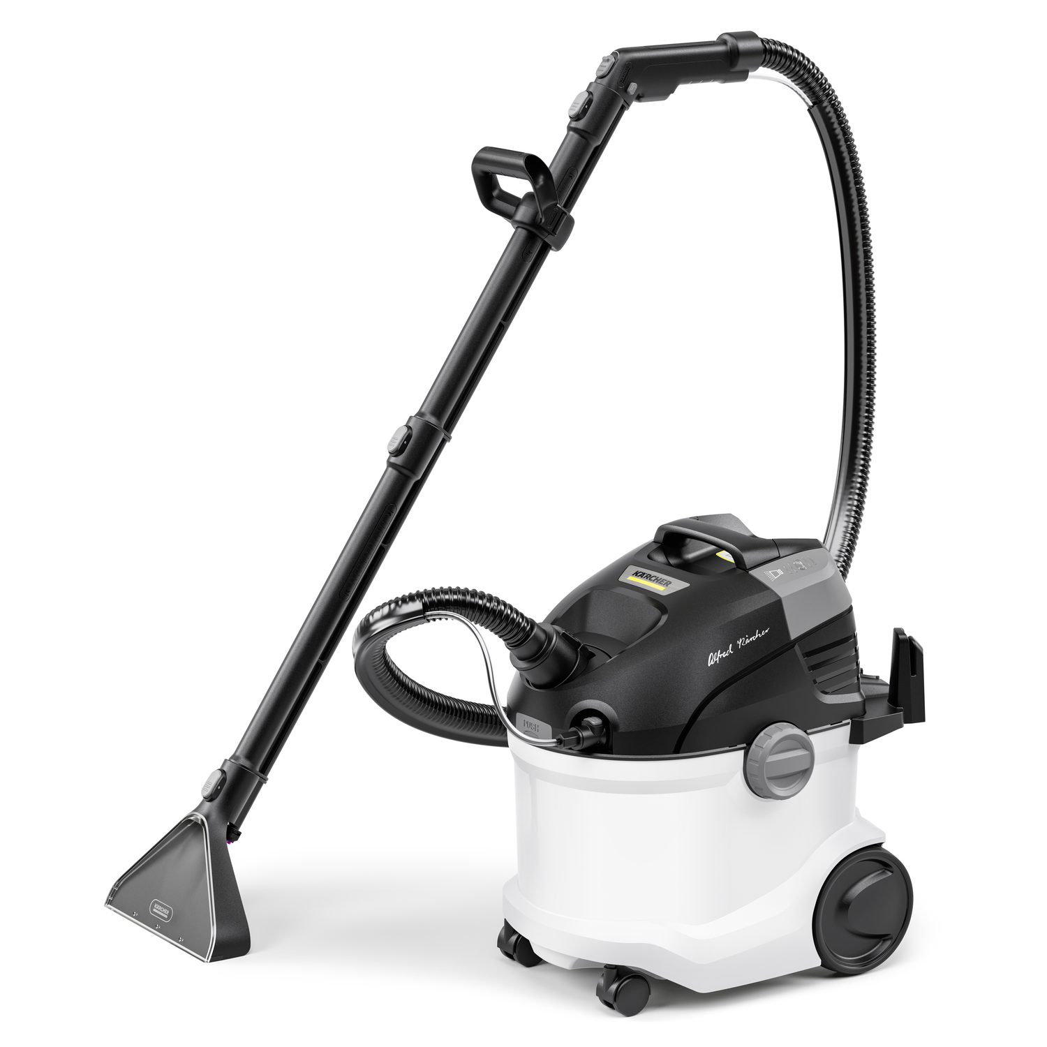 A black and white carpet cleaner with a long hose, nozzle, and handle.
