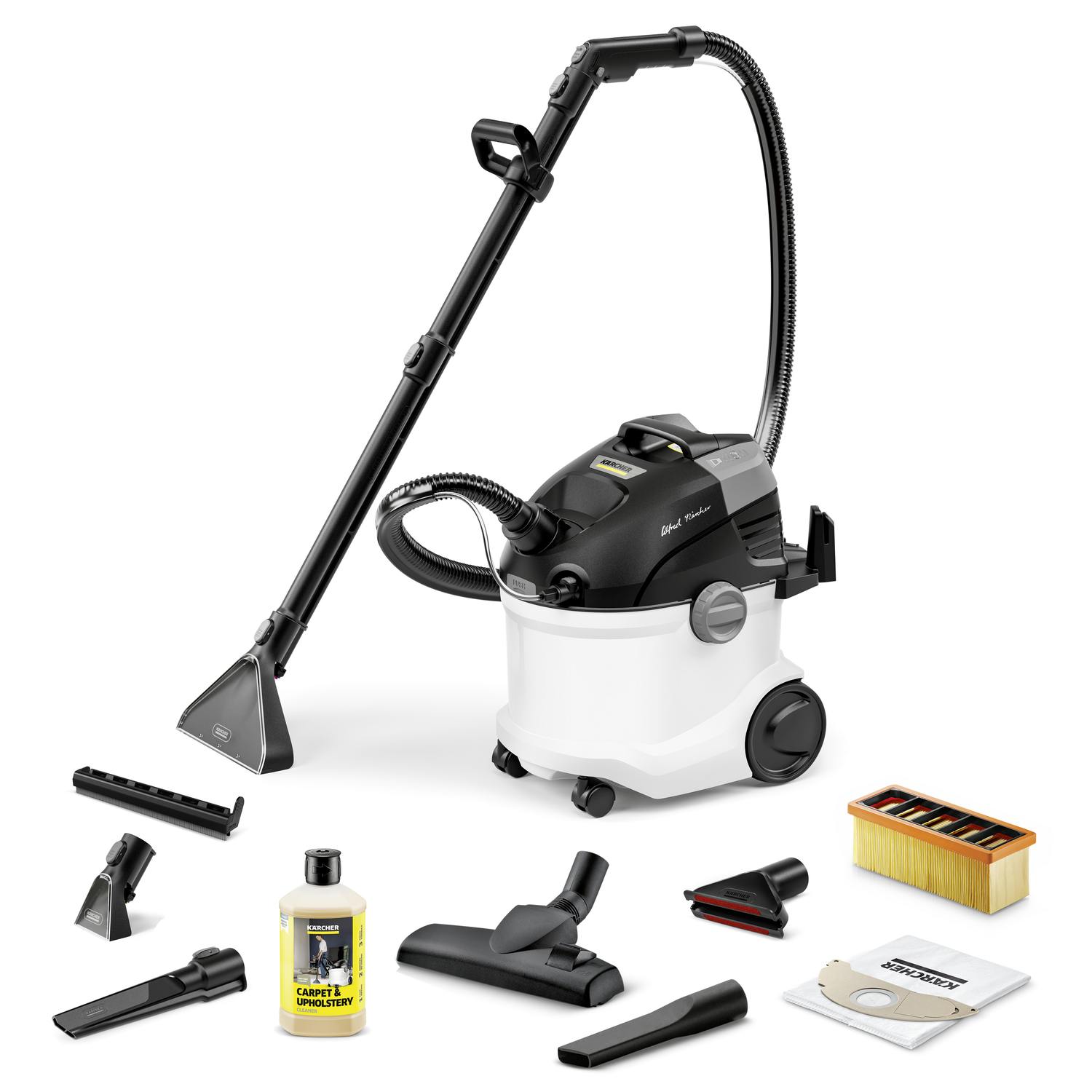 Vacuum cleaner with several attachments. The main unit is black and white, with a long black hose.