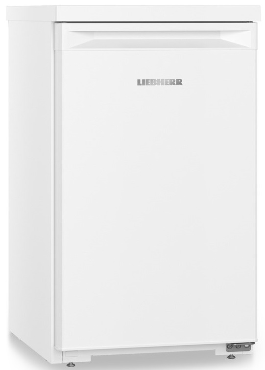 Biała lodówka Liebherr. Zamknięte drzwi, logo Liebherr. Czyste, jasne, białe tło.