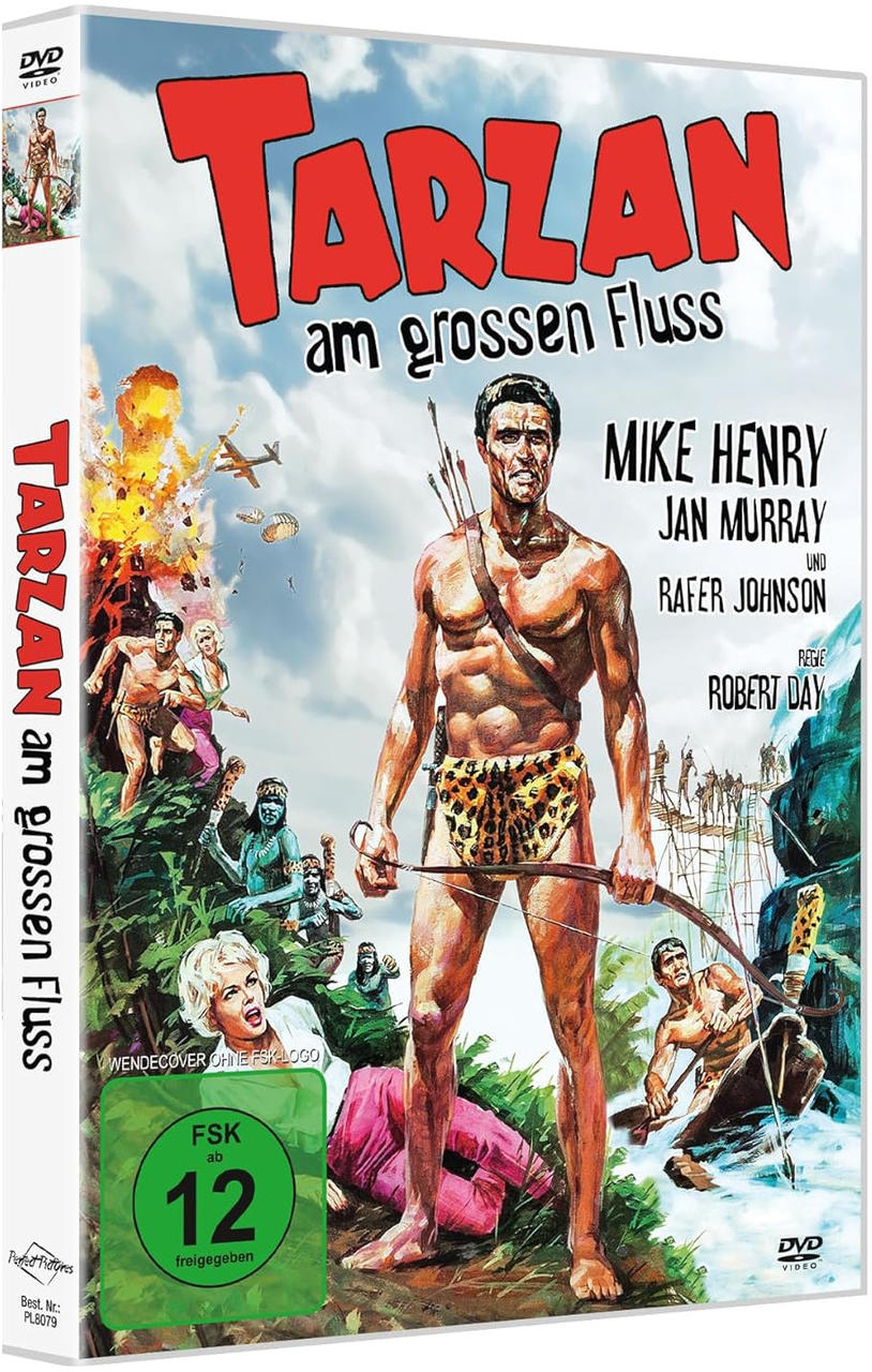 DVD-Cover für Tarzan am grossen Fluss, mit einem muskulösen Mann mit Pfeil und Bogen in einer Dschungelkulisse.