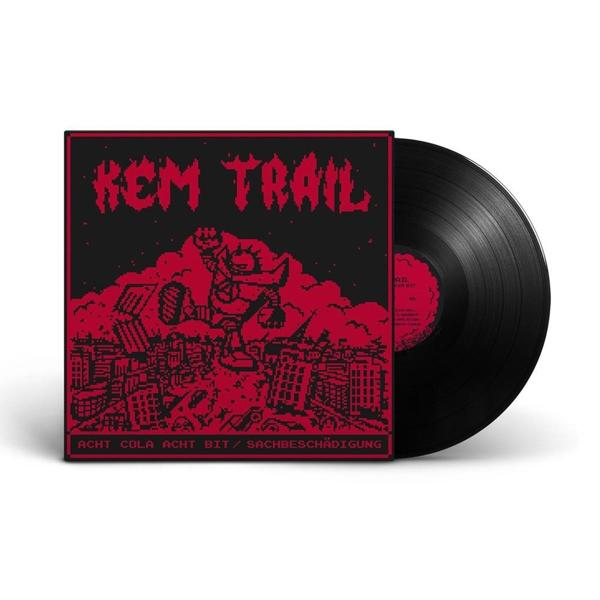 Ein rotes und schwarzes Albumcover mit Stadtbild und Text.