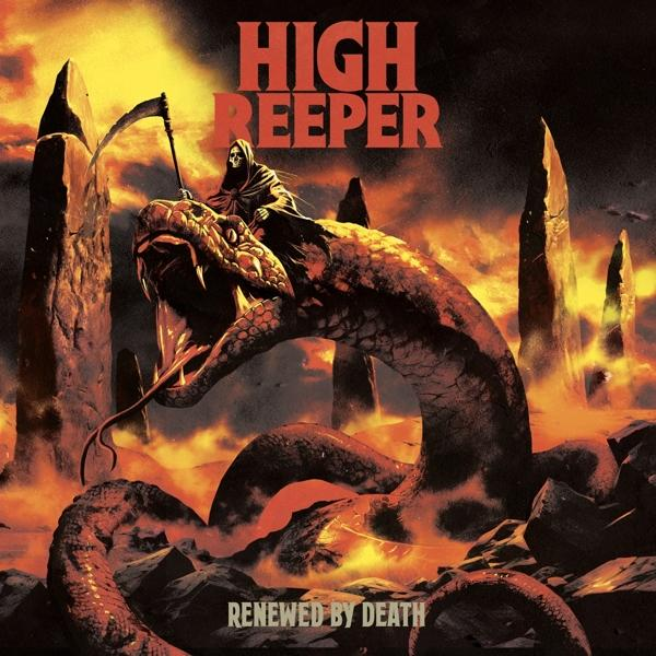 Albumcover: High Reaper, ein Sensenmann auf einer Schlange, mit Feuerhintergrund.