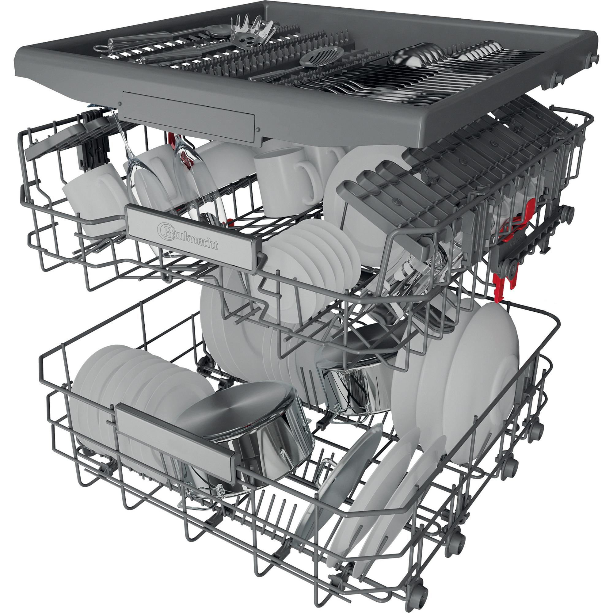 Geschirrspüler mit zwei Gestellen mit sauberem Geschirr, Gläsern und Besteck. Organisiert und einsatzbereit.
