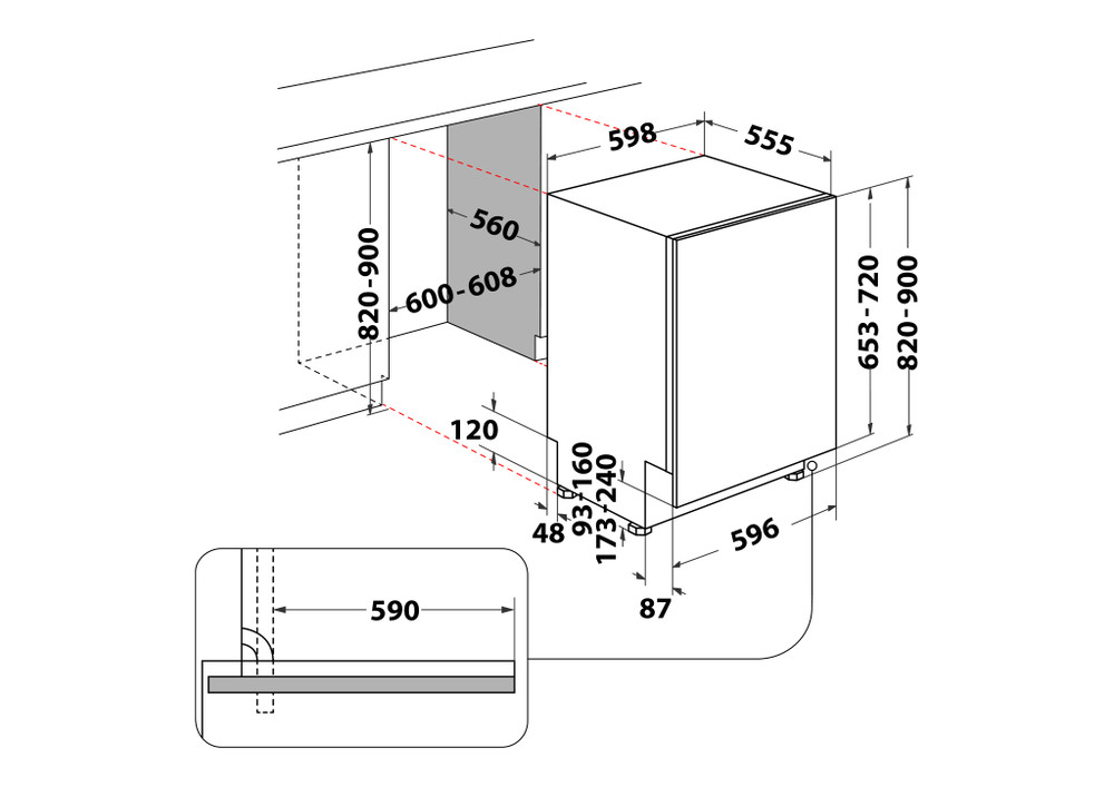 Diagramm eines Einbaugeschirrspülers mit Abmessungen und Detailansicht der Installation.