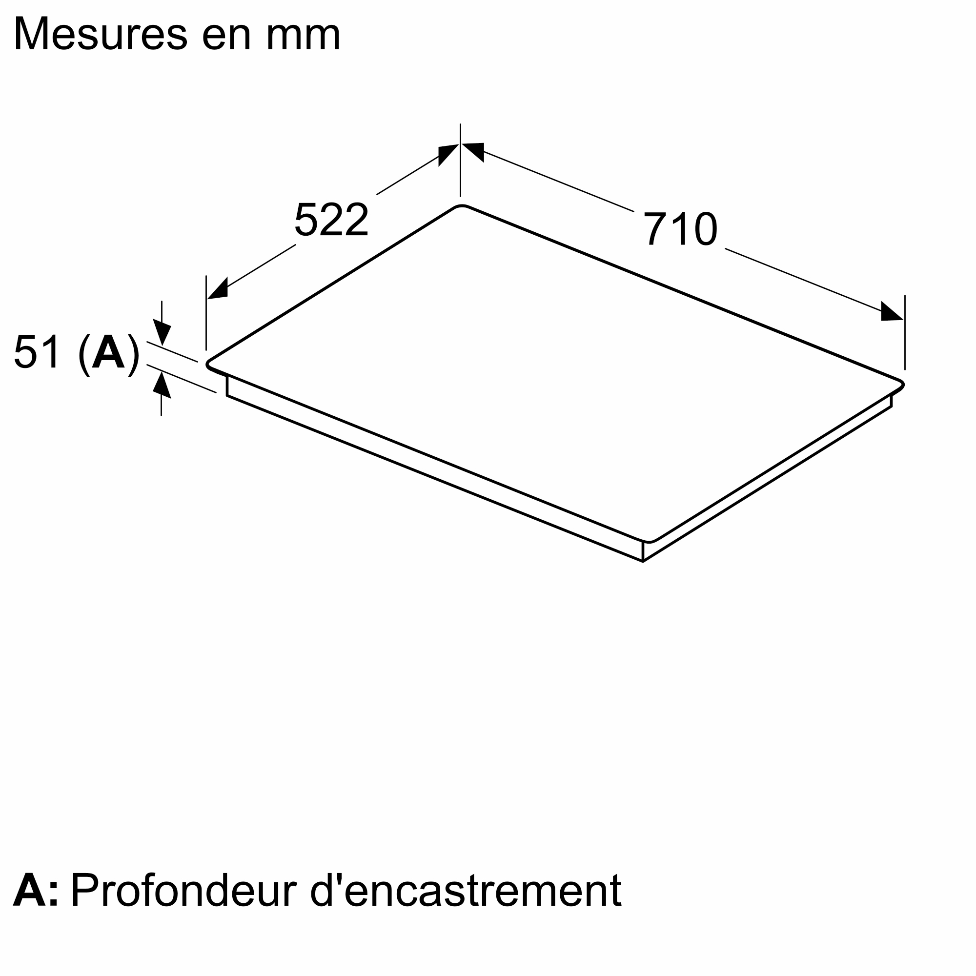 Diagram of a rectangular surface, with dimensions in mm and depth indication.