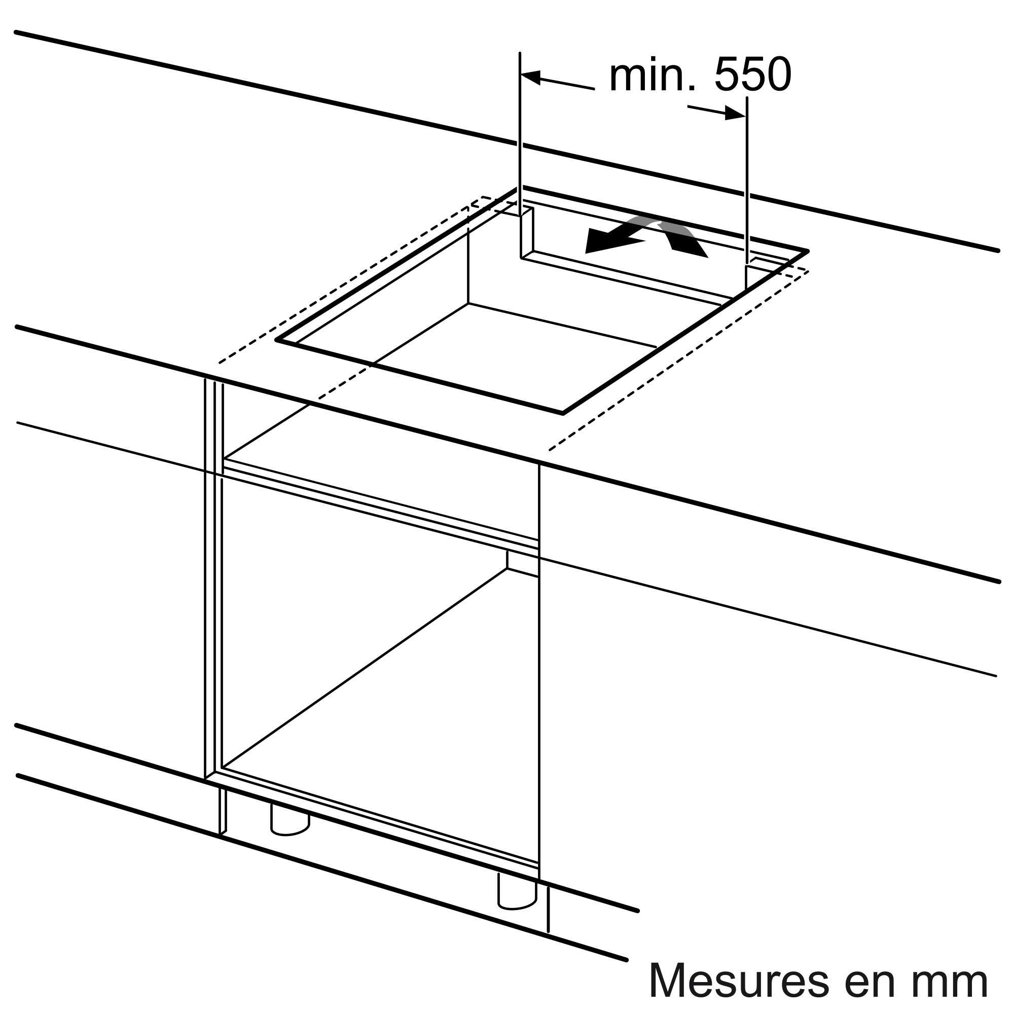 A schematic of a kitchen hob cutout with dimensions and arrows indicating adjustment.