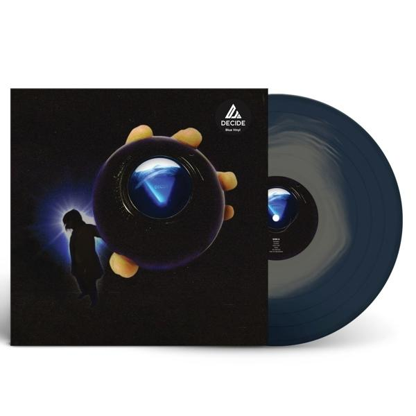 Ein Vinyl-Schallplattencover mit einer 8-Ball-Grafik und Vinyl-Schallplatte mit blauer Farbe.