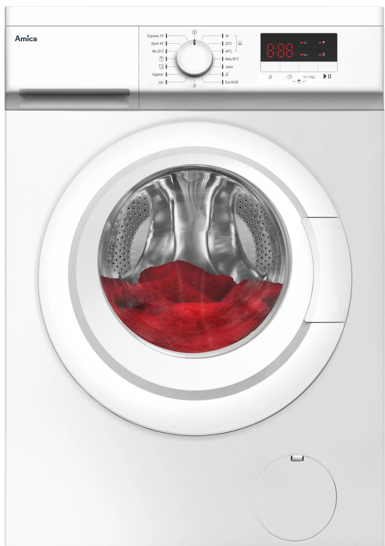 Biała pralka z czerwoną tkaniną w środku. Elementy sterujące i wyświetlacz cyfrowy widoczne z przodu.