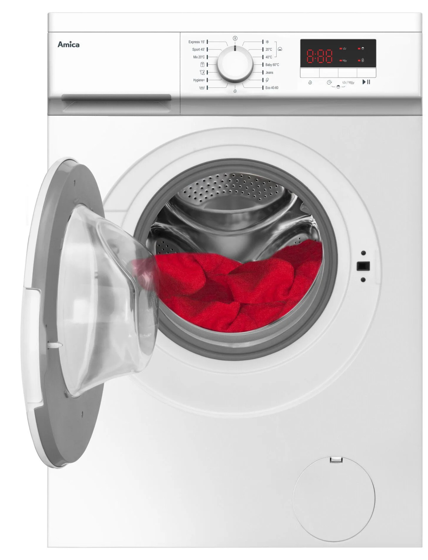 Biała pralka z otwartymi drzwiami, pokazująca czerwone ubrania w środku.