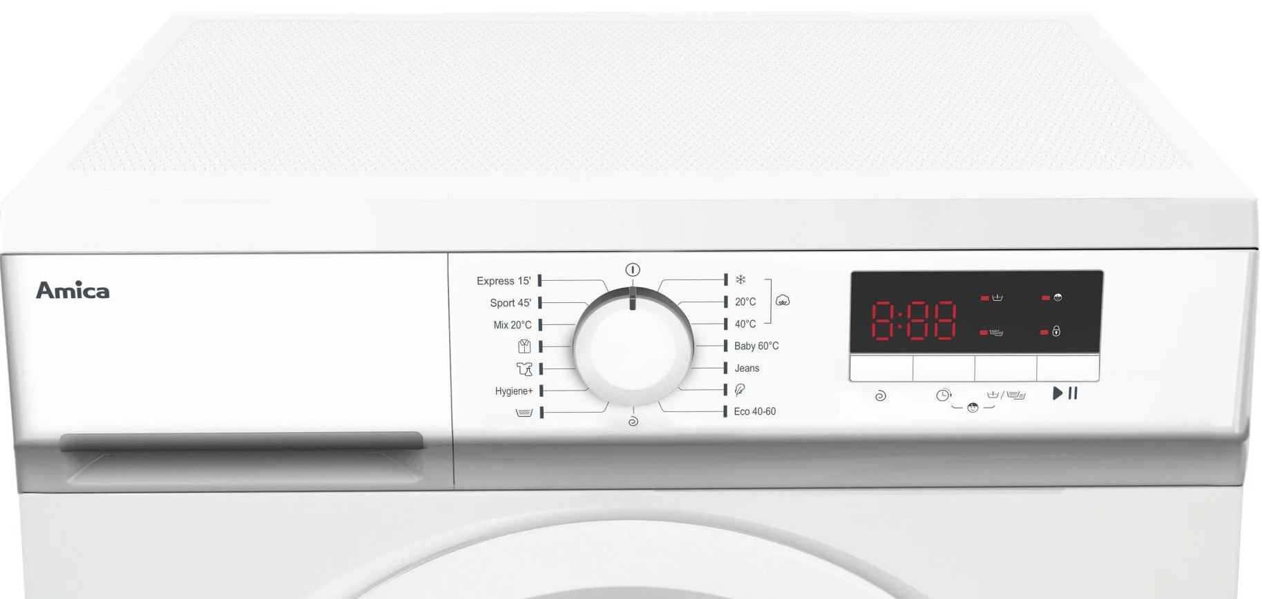 Biały panel sterowania pralki z pokrętłem i wyświetlaczem.