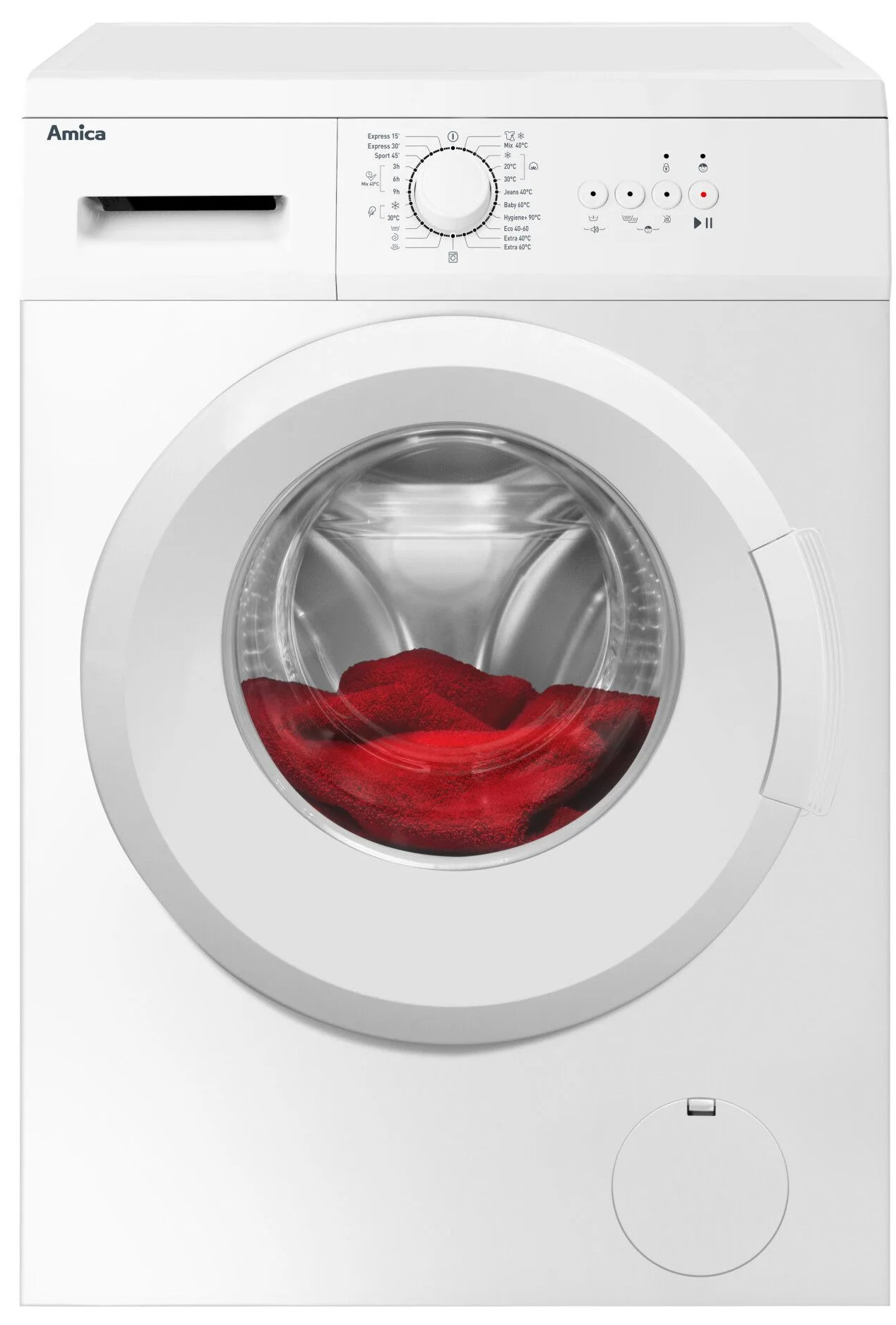 Biała pralka z czerwoną odzieżą w środku, widok z przodu.