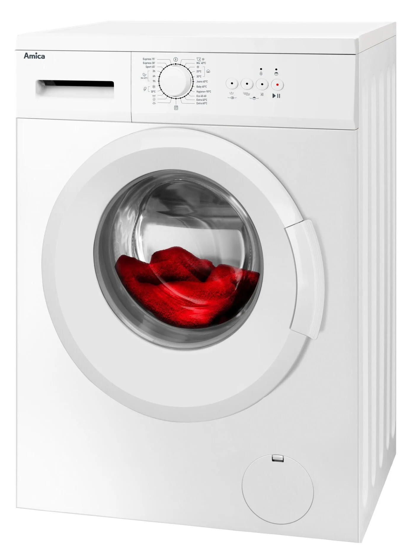 Biała pralka z czerwoną odzieżą wewnątrz szklanych drzwi.