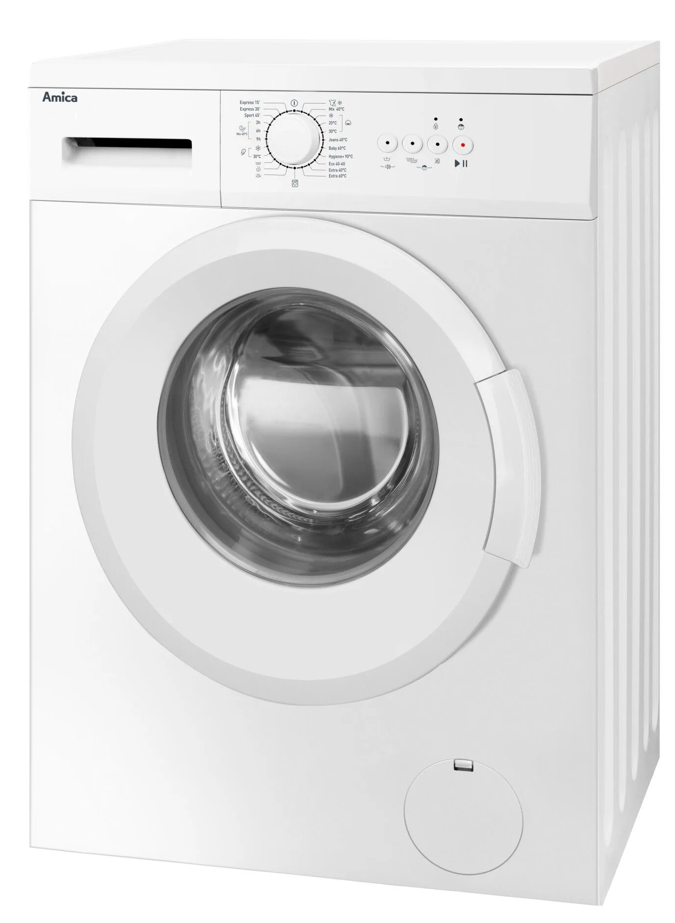Biała pralka z okrągłymi drzwiami i panelem sterowania, na białym tle.