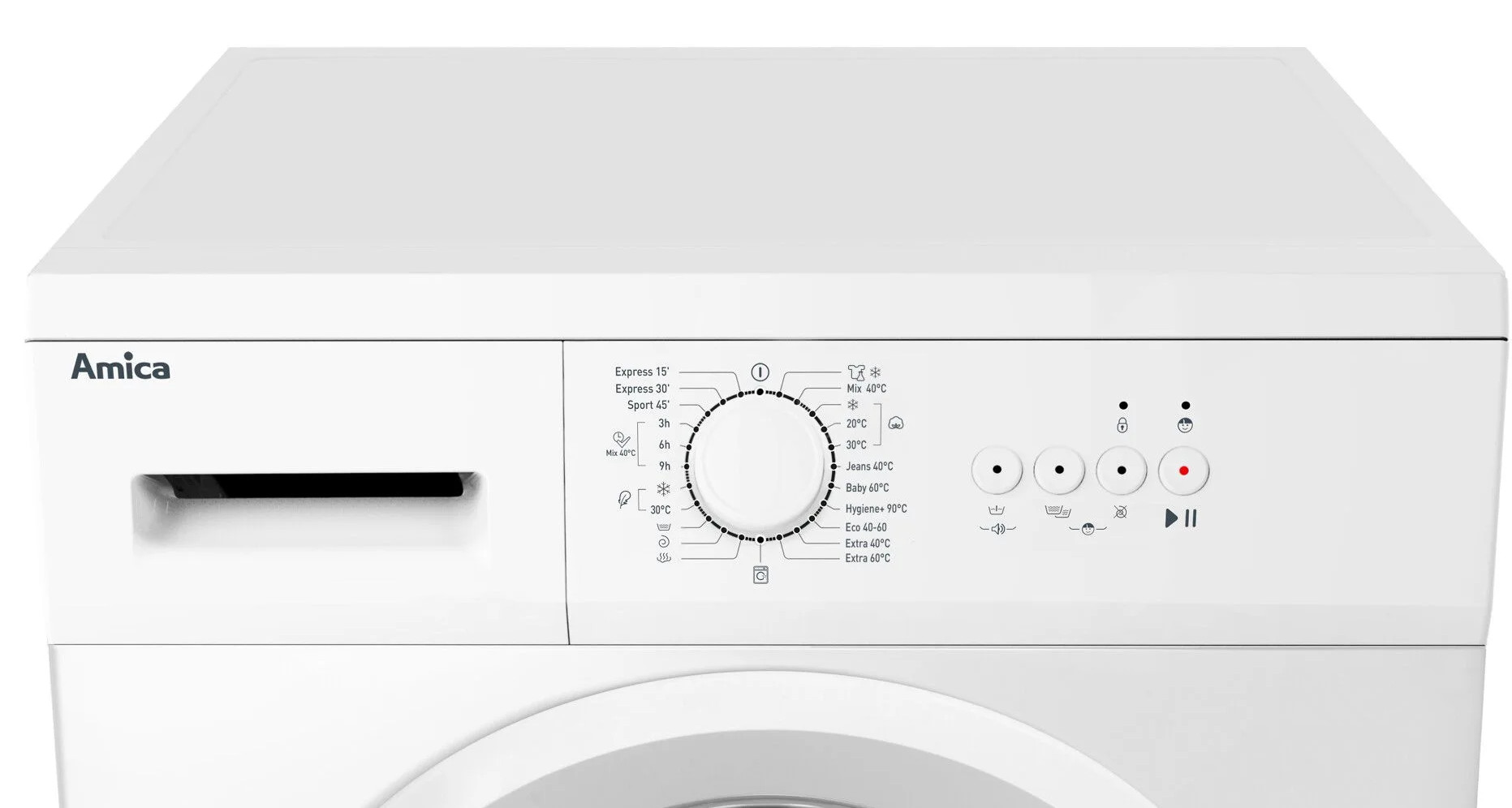 Biały panel sterowania pralki z pokrętłem i różnymi przyciskami programów.