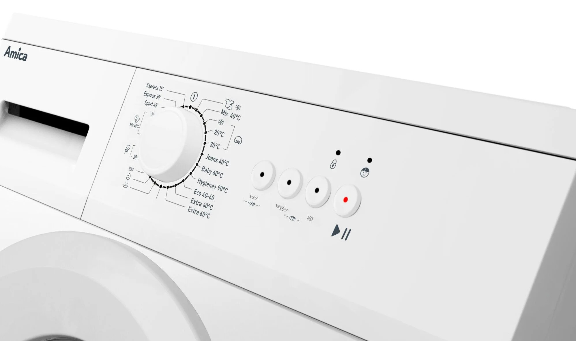 Zbliżenie białego panelu sterowania pralki z pokrętłem i przyciskami.