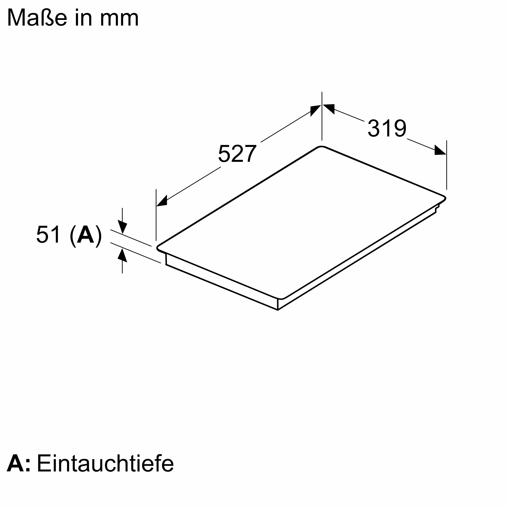 Diagramm mit den Abmessungen einer rechteckigen Kochfläche mit Messungen.