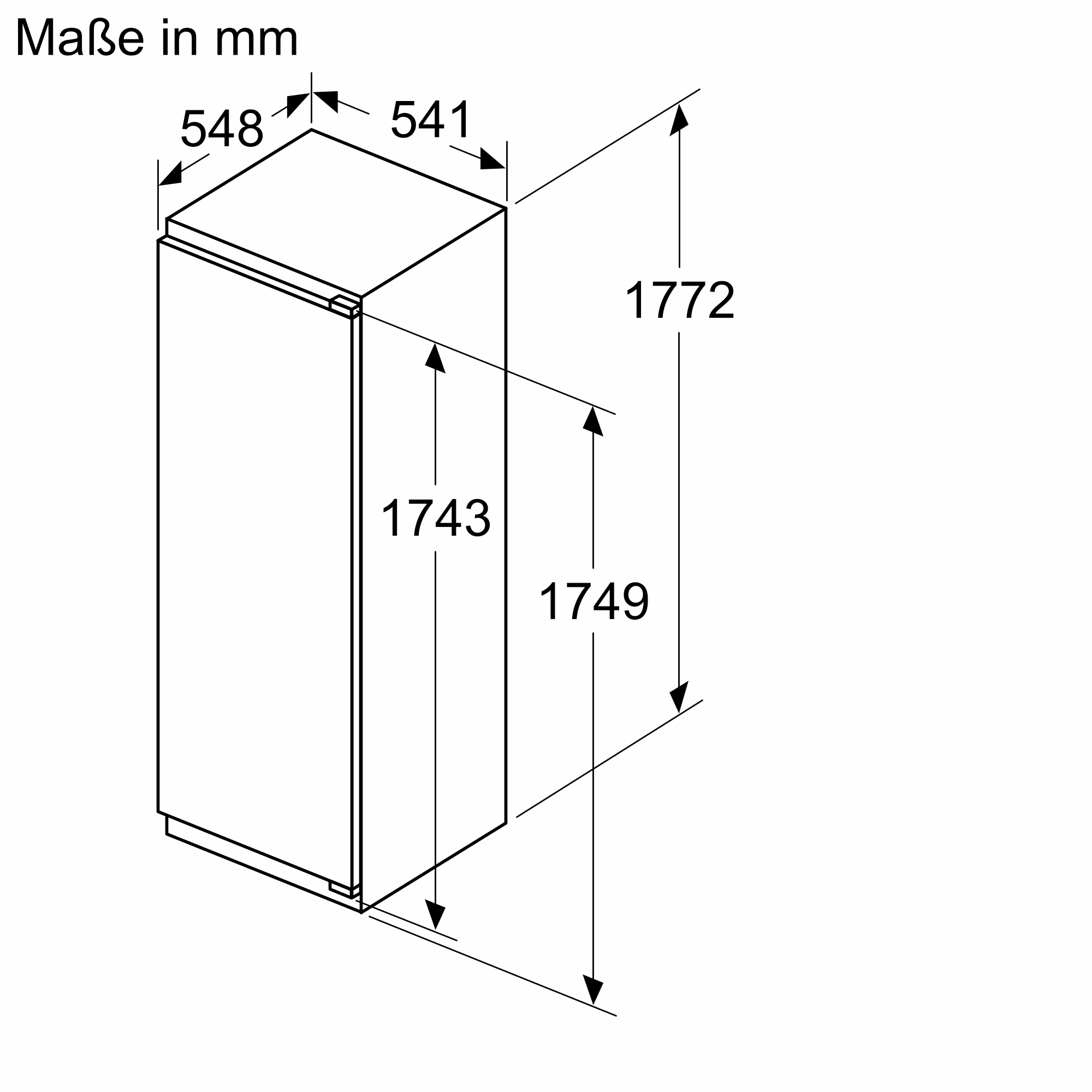 Diagramm mit Maßen eines Kühlschranks in mm.