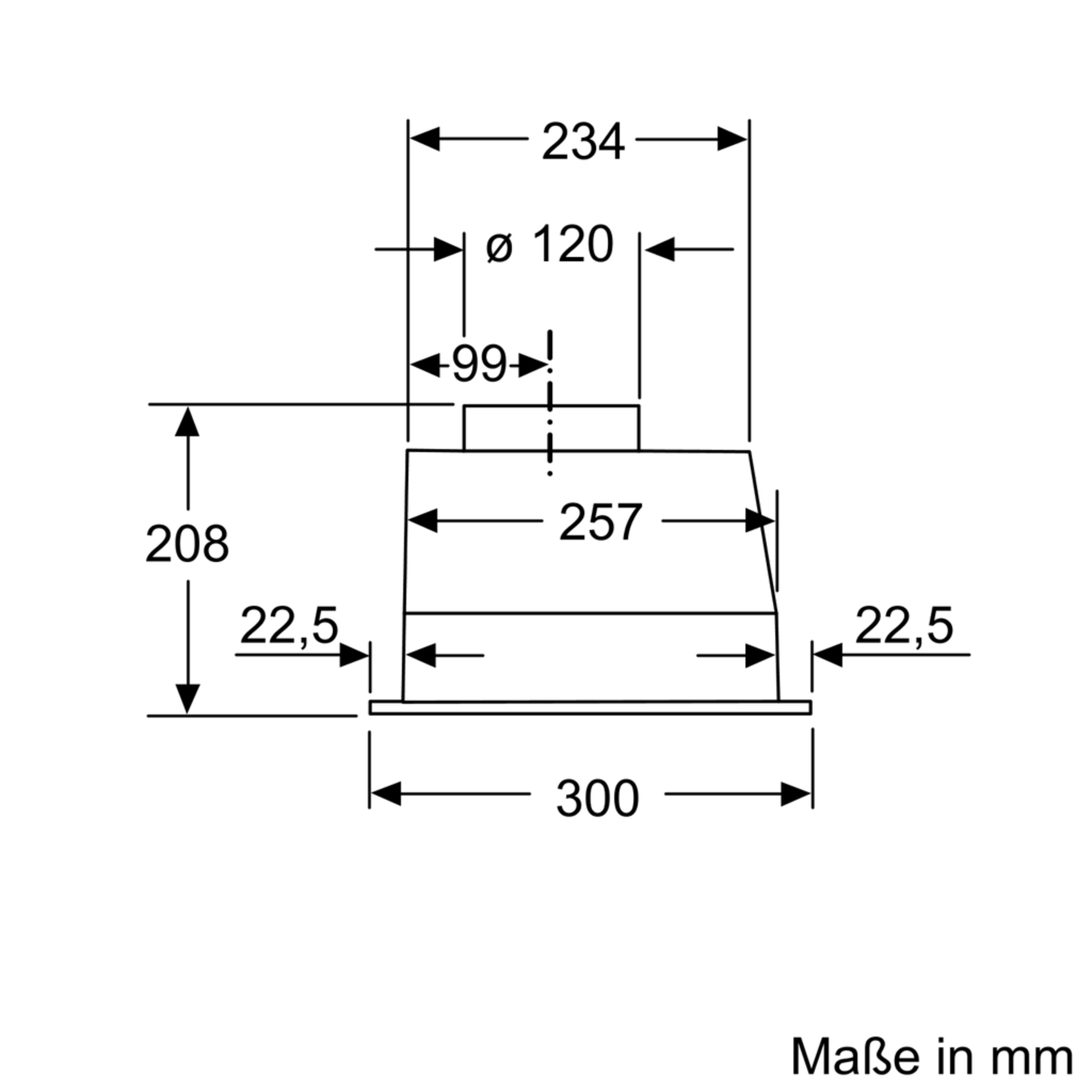 Diagramm mit Abmessungen einer Dunstabzugshaube in mm.