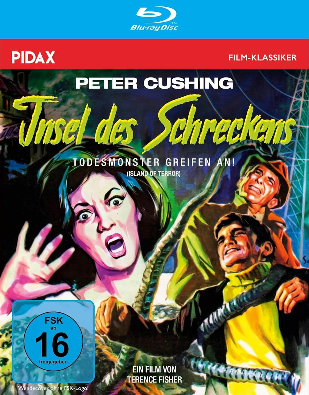 Filmcover: Frau schreit, während Männer auf Tentakel reagieren. Titel: Insel des Schreckens (Island of Terror).